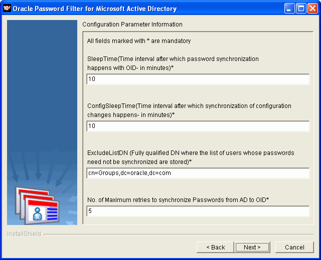 Oracle Password Filter for AD installer screen