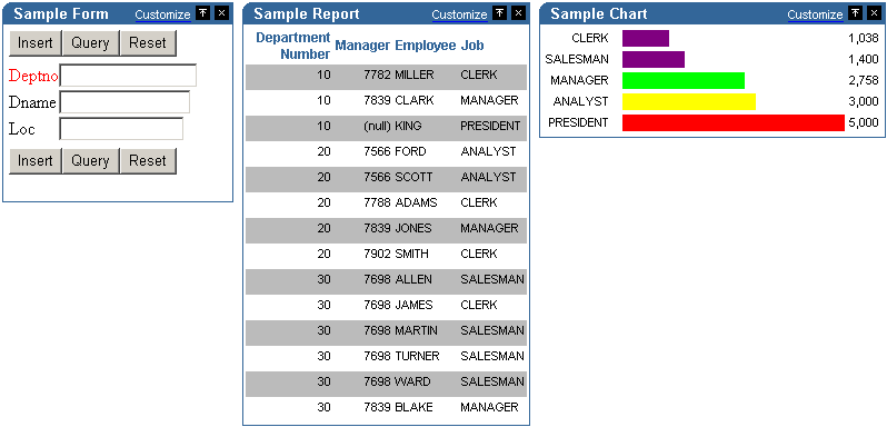 Shows form, report, and chart from Portlet Builder.