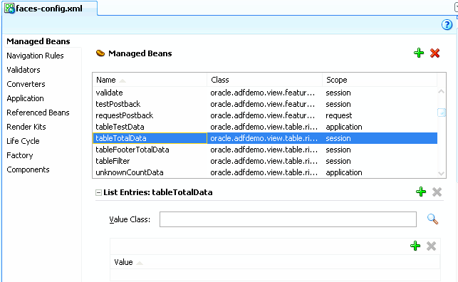 The JSF Configuration Editor shows all the managed beans