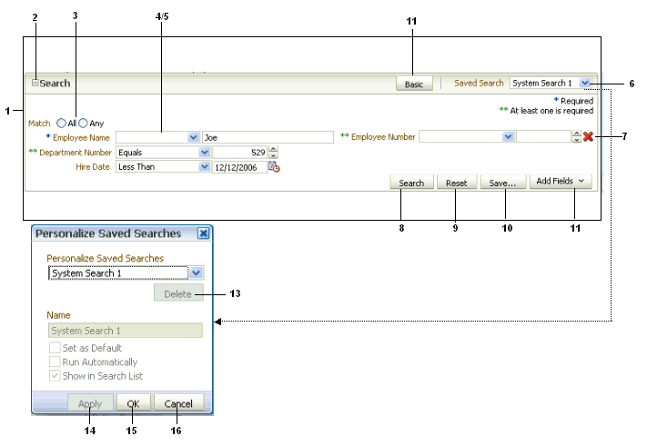 query component's buttons and fields