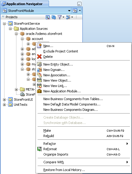 Context menu options in Application Navigator