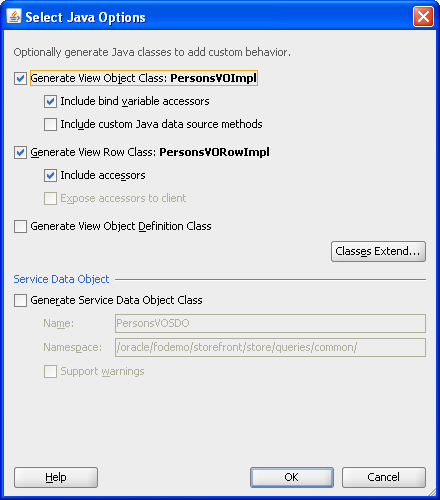 Select Java options dialog