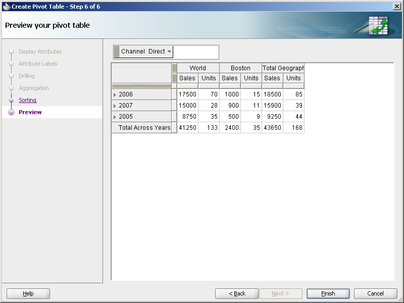 Live data preview of pivot table