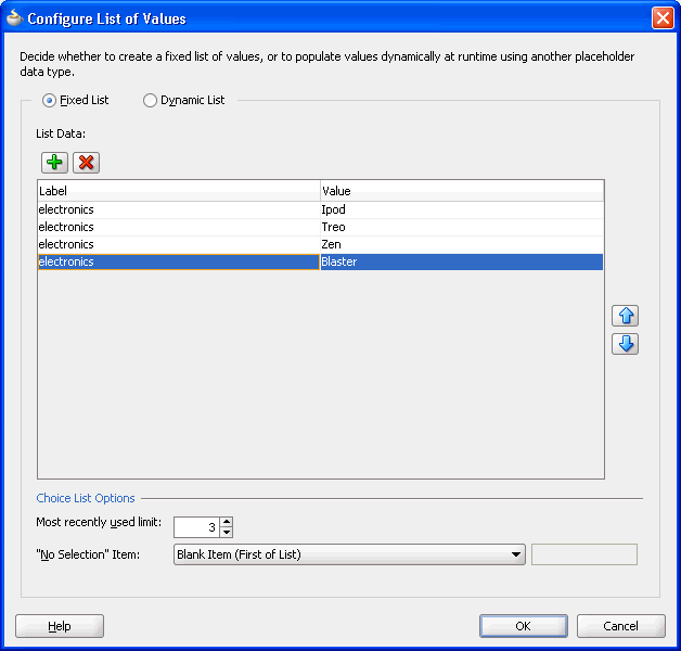 Configure LOV Fixed List dialog