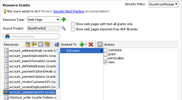 Page definition grant in ADF policy editor