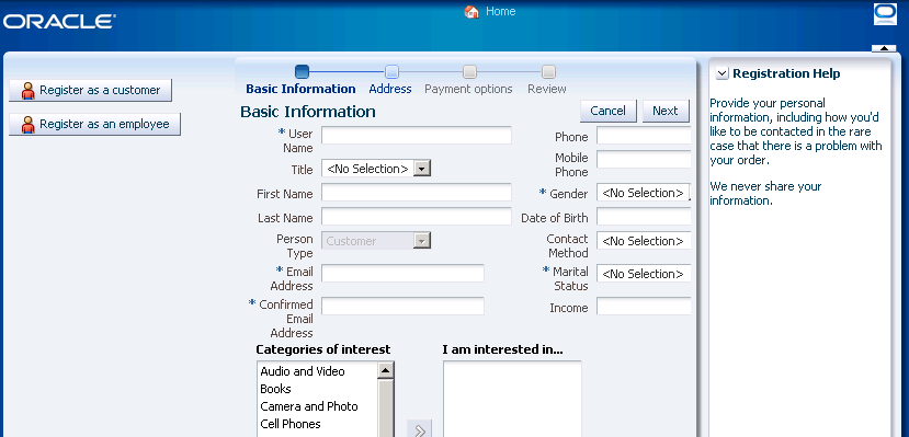 Customer Registration Task Flow in an ADF Dynamic Region