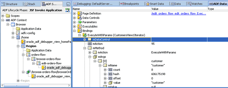 ADF Data window showing method bindings