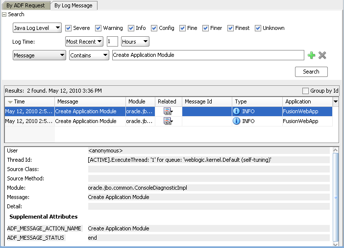 Log analyzer displays ADF event messages