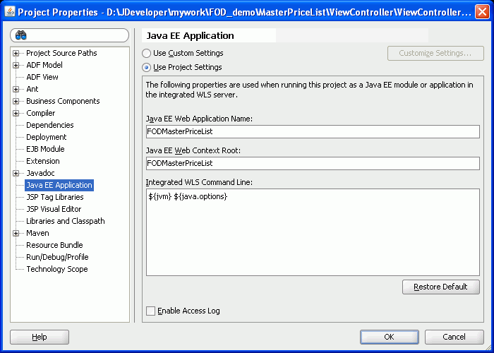 Project Properties dialog dhowing web context root