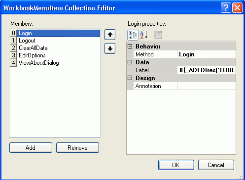 The workbook menu item collection displays menu items.