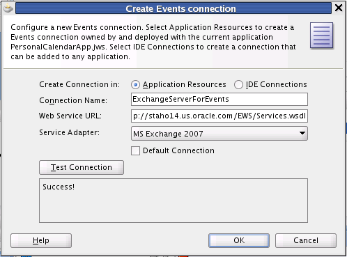 This graphic shows the Create Events Connection dialog.