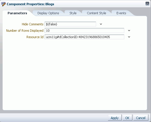 Components Properties Dialog of a Blog Task Flow