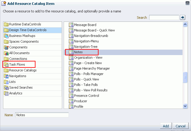 Adding the Notes Task Flow to a Resource Catalog