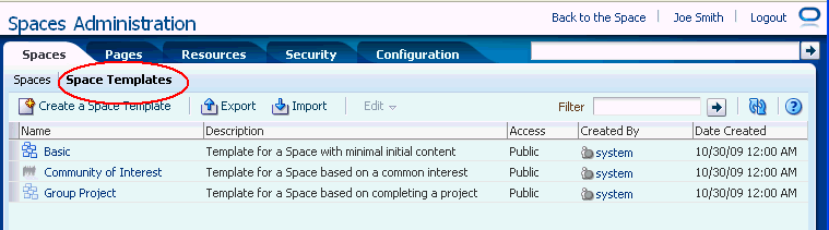 WebCenter Administration - Templates Tab