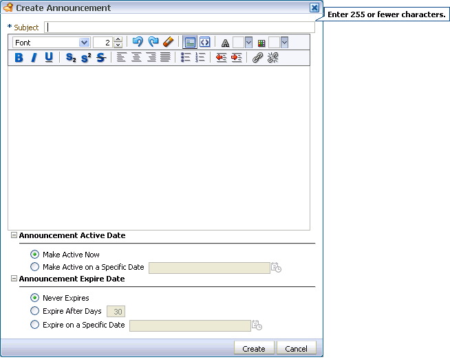 Create Announcement dialog box
