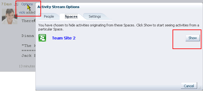 Show button in Activity Stream Options dialog