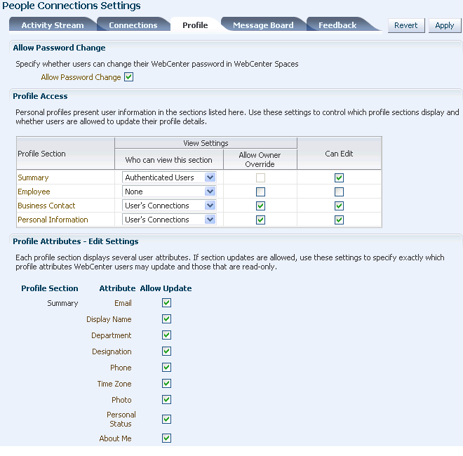 Configuration settings for Profile