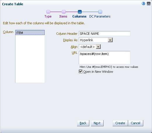 Hyperlink Option on Table Create - Columns Page