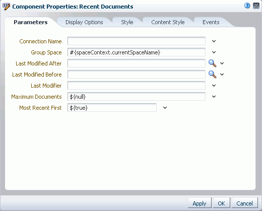 Recent Documents Task Flow Component Properties