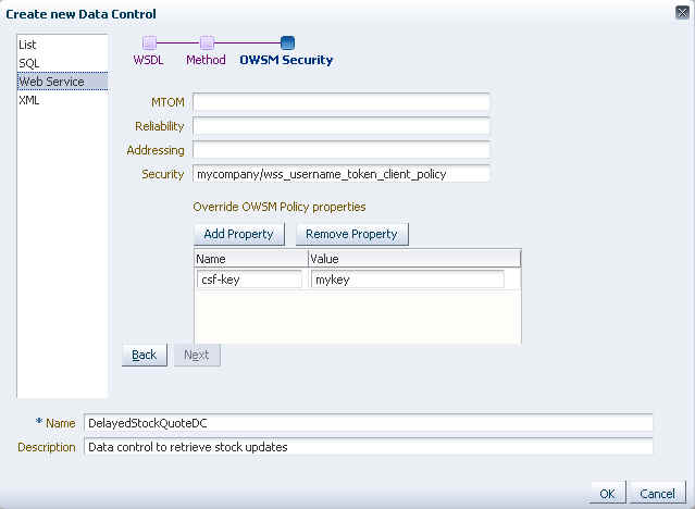 Web Service Data Control OWSM Security