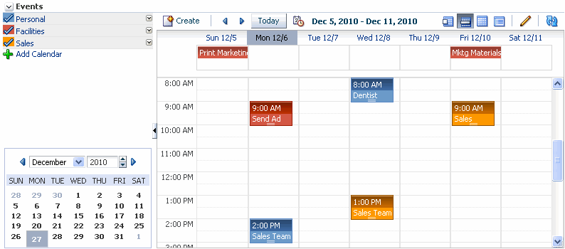 Events task flow showing events for multiple calendars