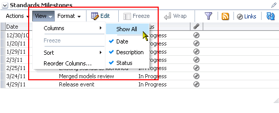 Columns submenu on View menu