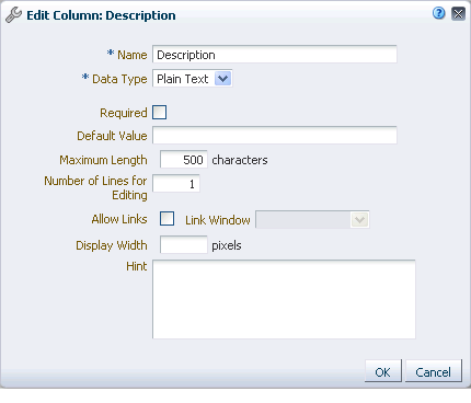 Edit Column dialog