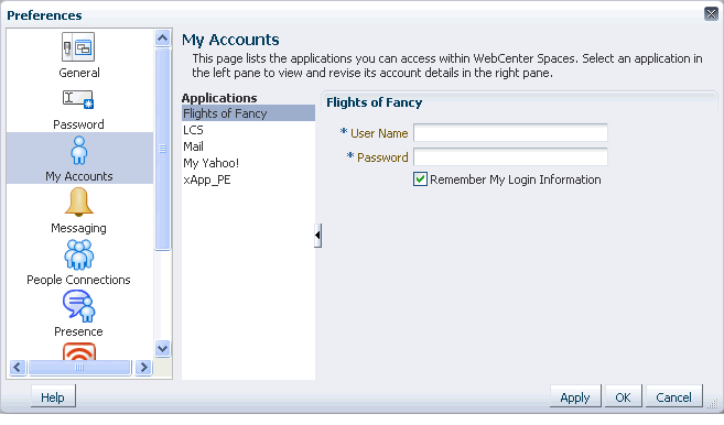 Preferences My Accounts panel