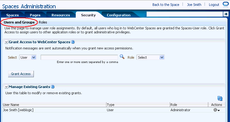 WebCenter Administration - Users Tab