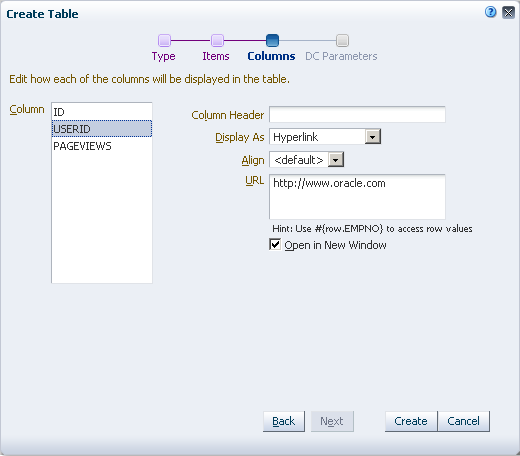 Options to display columns as hyperlinks