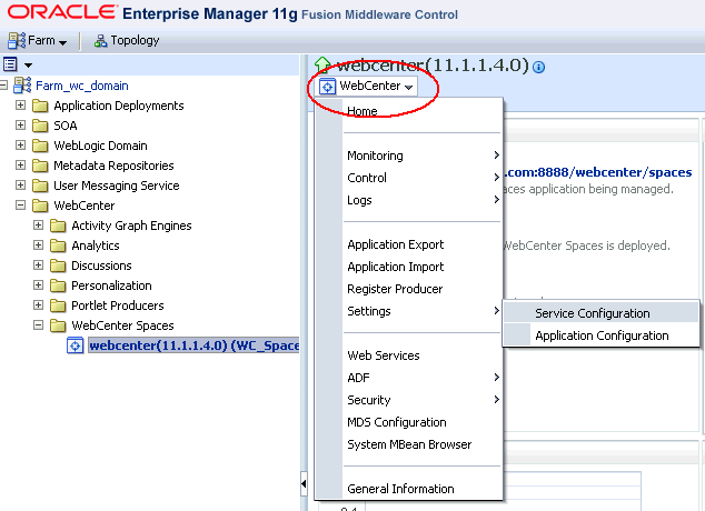 WebCenter Menu for WebCenter Spaces