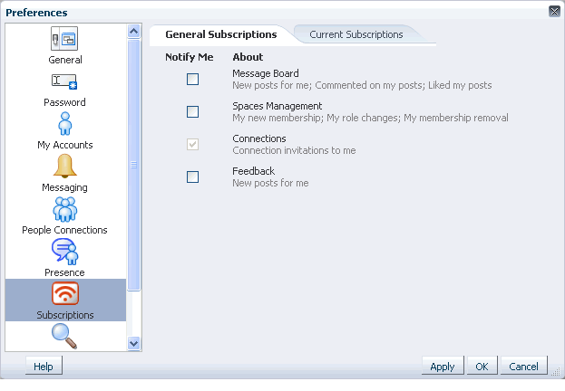 General Subscriptions tab in Preferences