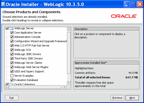 Choose Products and Components screen