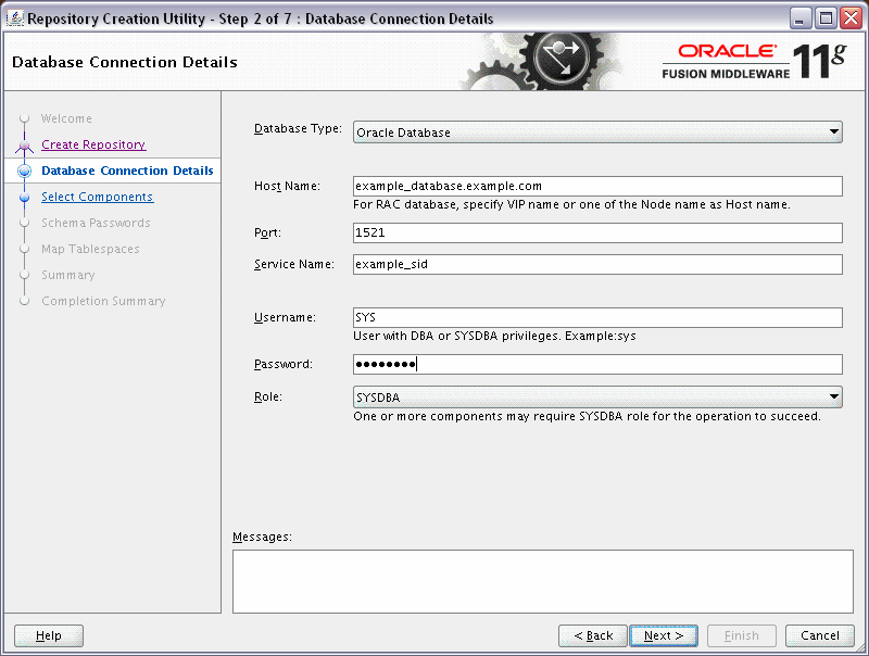 rcu database connection details screen