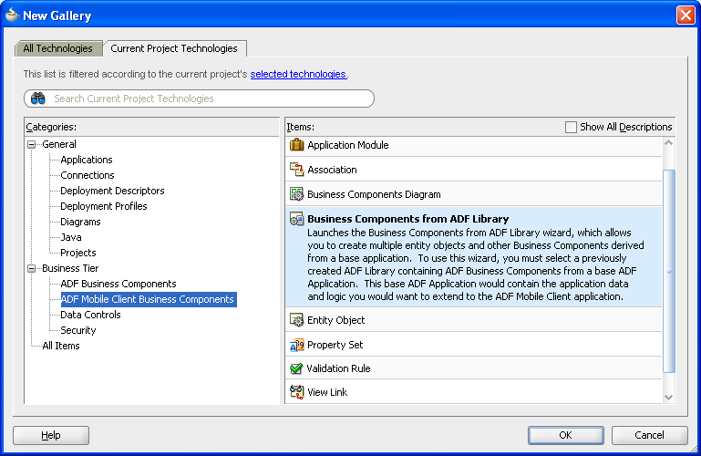 Selecting the Business Components for ADF Library wizard.