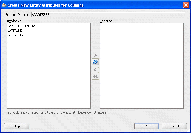 The Create New Entity Attributes for Columns dialog.