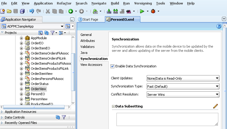 The entity object Synchronization page.