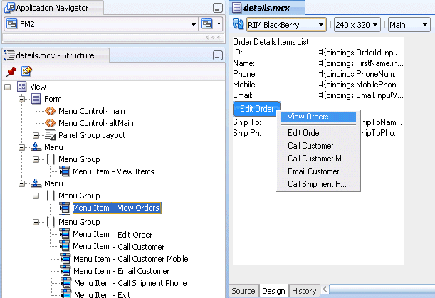 BlackBerry menu in structure and design view