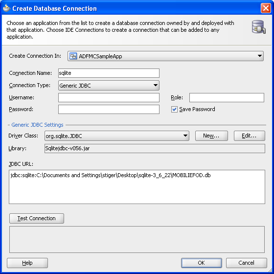 The Create Database Connection dialog.