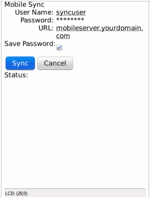 Sync Parameters Screen on BlackBerry Platform