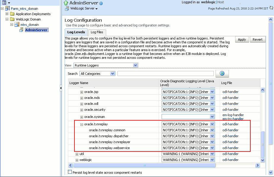 Adjust Log Levels in Log Configuration page