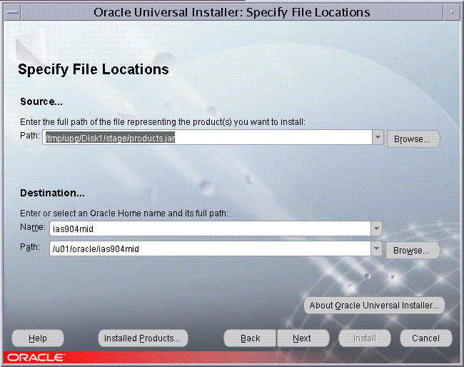 Oracle Universal Installer File Locations Screen