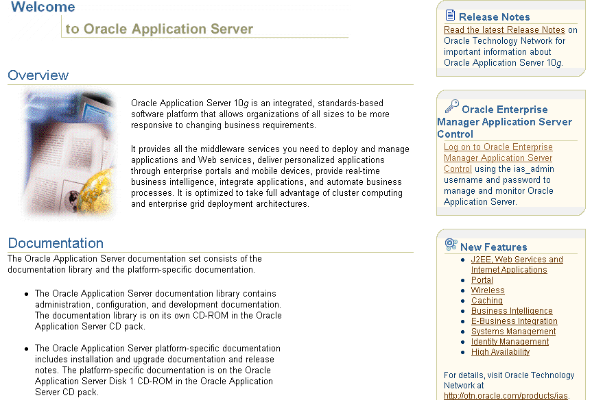 Oracle Application Server Welcome page