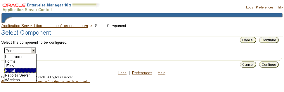Component Page in the Application Server Control Console