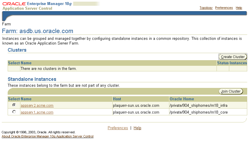 Oracle Application Server Farm page