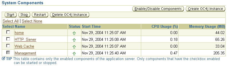 System Components Table on Application Server Home Page