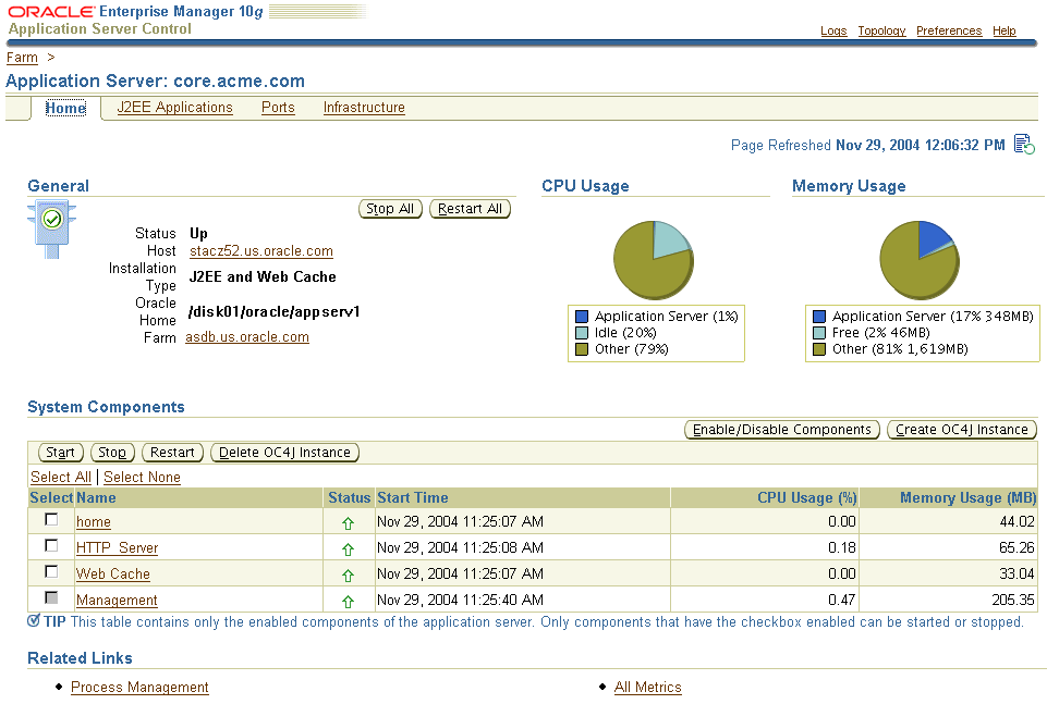 Oracle Application Server Home page