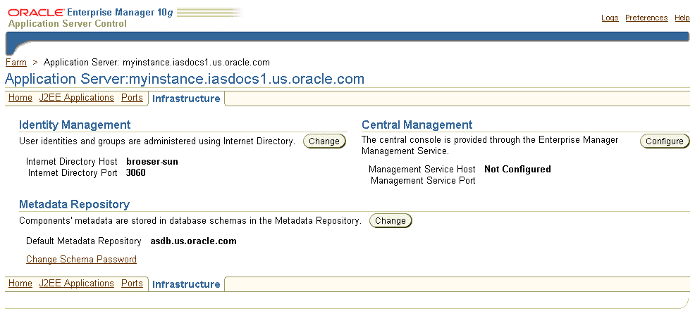 Application Server Control Console Infrastructure Page
