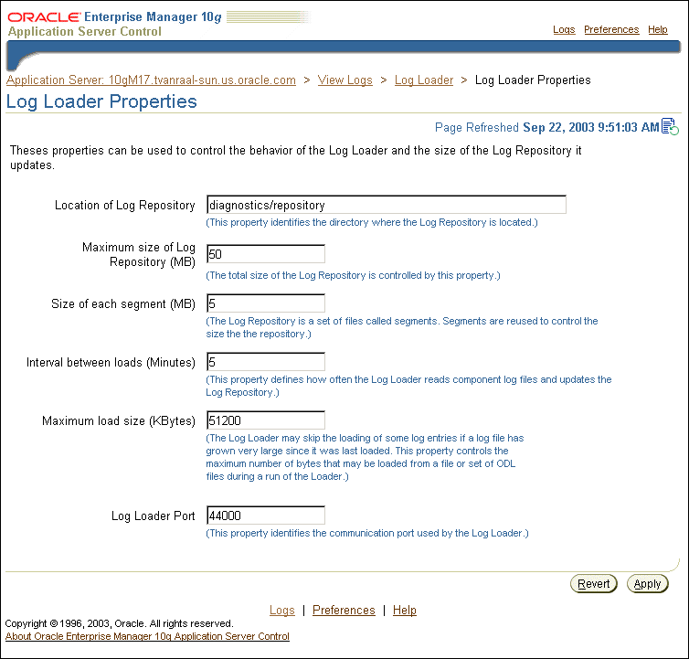 Log Loader Properties Page