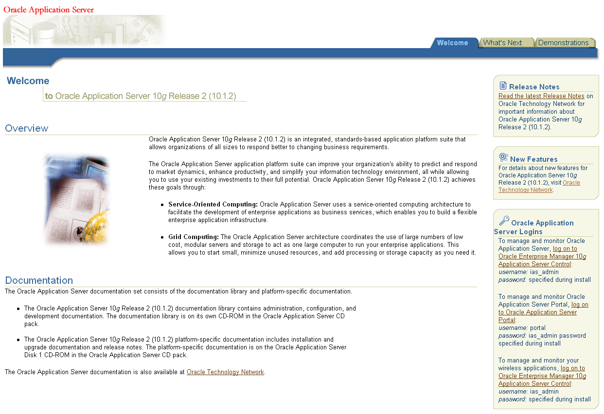 Oracle Application Server Welcome page